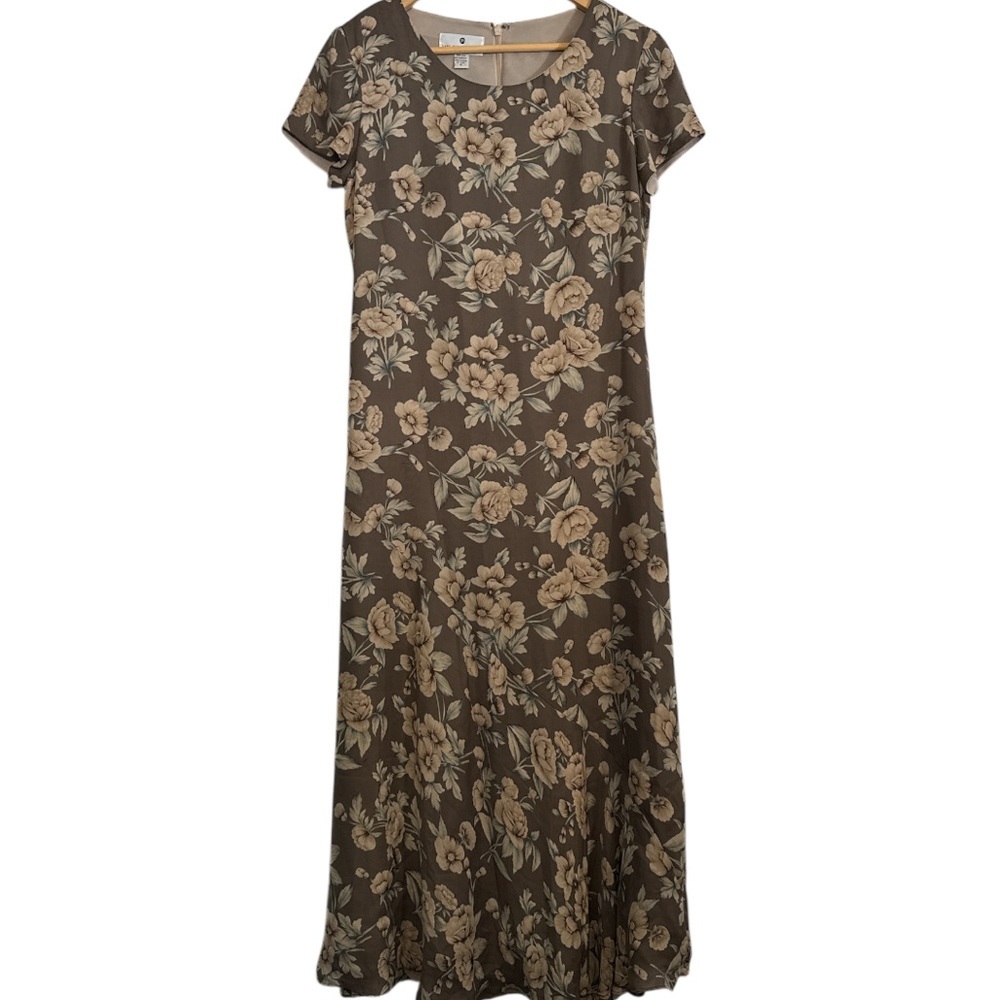 Saks Fifth Ave 100% Silk Brown Floral Maxi Sundress Short Sleeve Crew Neck Sz 6